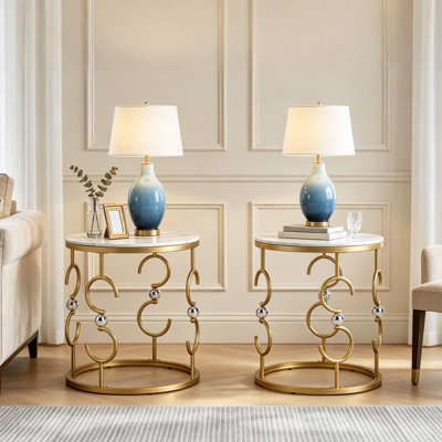 2-piece Marble End Table Set with Metal Frame, Gold Side Tables with Modern Style