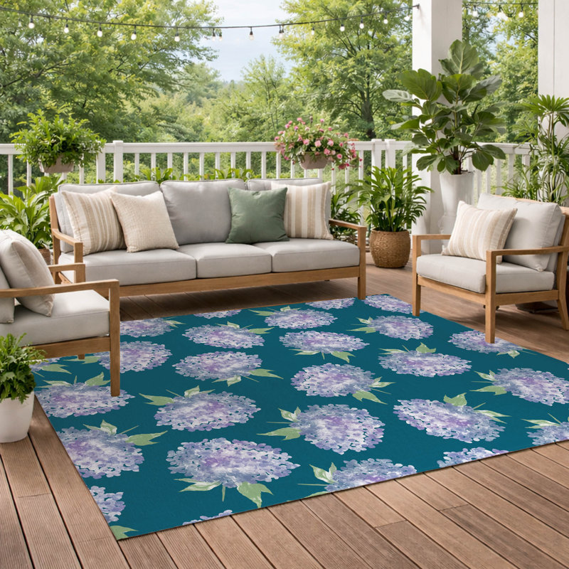 Tapis d'extérieur Hydrangea Love, Bleu sarcelle, Rectangulaire 2 pi x 3 pi