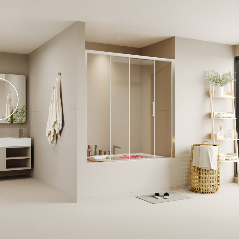 Porte de douche coulissante simple sans cadre de 56 à 60 po x H 60 po en verre trempé transparent, accessoires en acier inoxydable