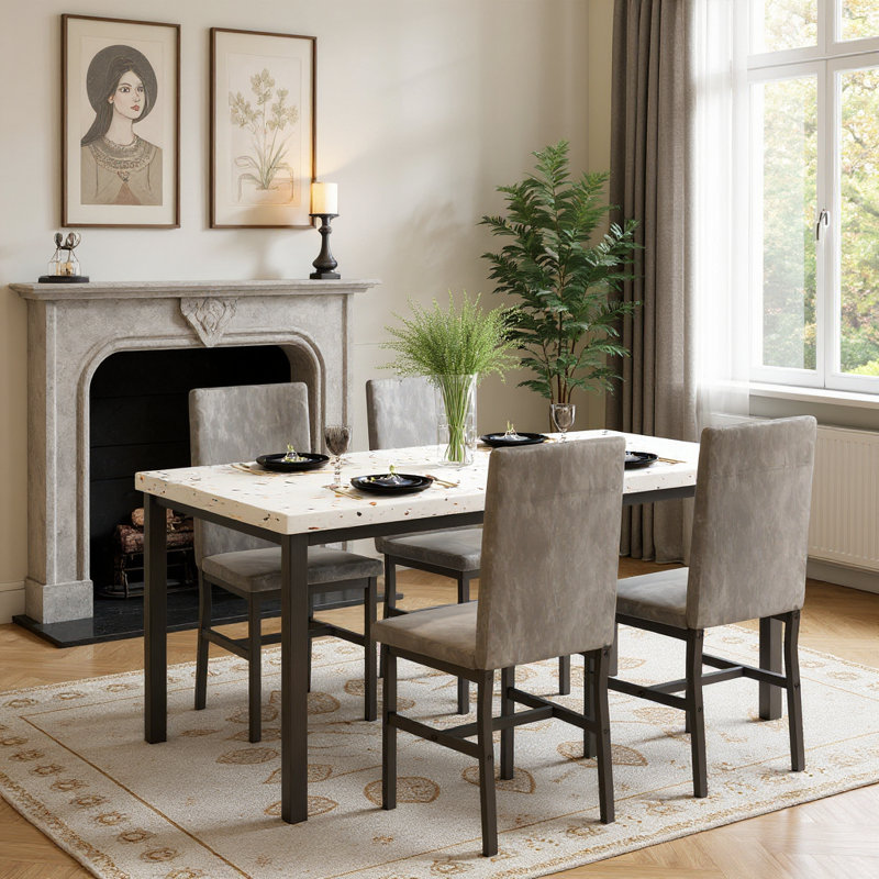 Ensemble de table et chaises de salle à manger en faux marbre pour 4, Gris / Blanc