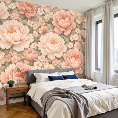 Papier peint adhésif à motif de pivoines roses élégantes à motif floral H 69 po x l 96 po, papier peint amovible en PVC auto-adhésif pour chambre à coucher, bureau à domicile