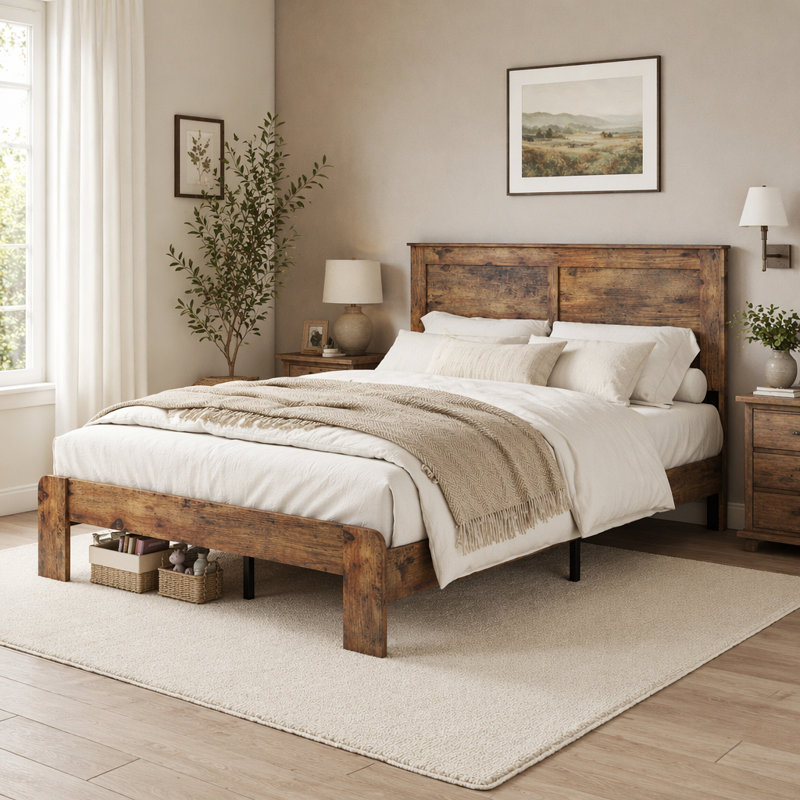 Base de lit, structure de lit plateforme en bois massif industriel, support de lattes en bois silencieux, grand espace de rangement sous le lit, aucun sommier requis, assemblage facile, base de lit robuste pour la chambre à coucher (sans matelas)