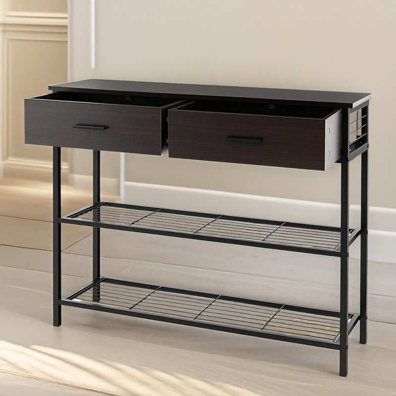 3 Tier Rustic Industrial 100Cm Console Table with Storage Drawers and Shelf, Entryway Furniture