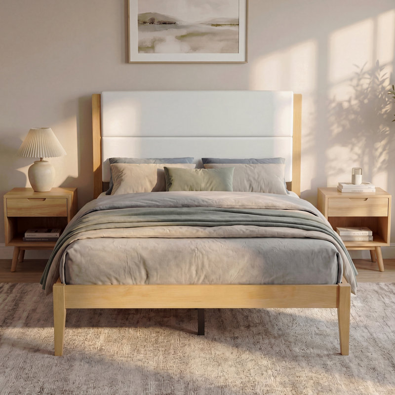 Structure de lit plateforme Mid-Century moderne avec tête de lit tapissier, support de lattes en bois massif, aucun sommier requis, assemblage facile