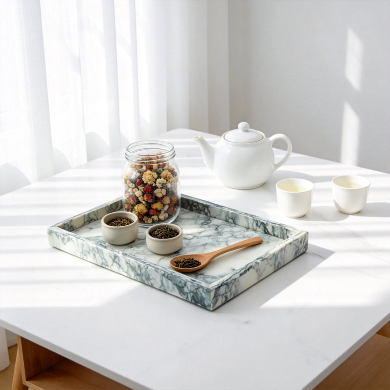 Teal Natural Marble Tray For Bathroom Kitchen Vanity Storage