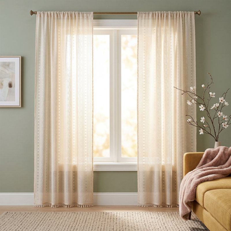 2 Panels Semi-sheer Lace Curtains with Tassels