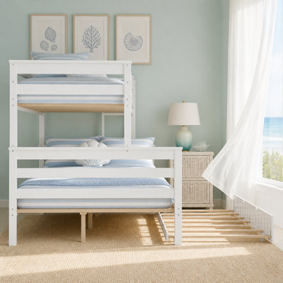 Wood Twin XL over Queen Bunk Bed with Trundle and Ladder,Can be Separated into 3 Beds,White