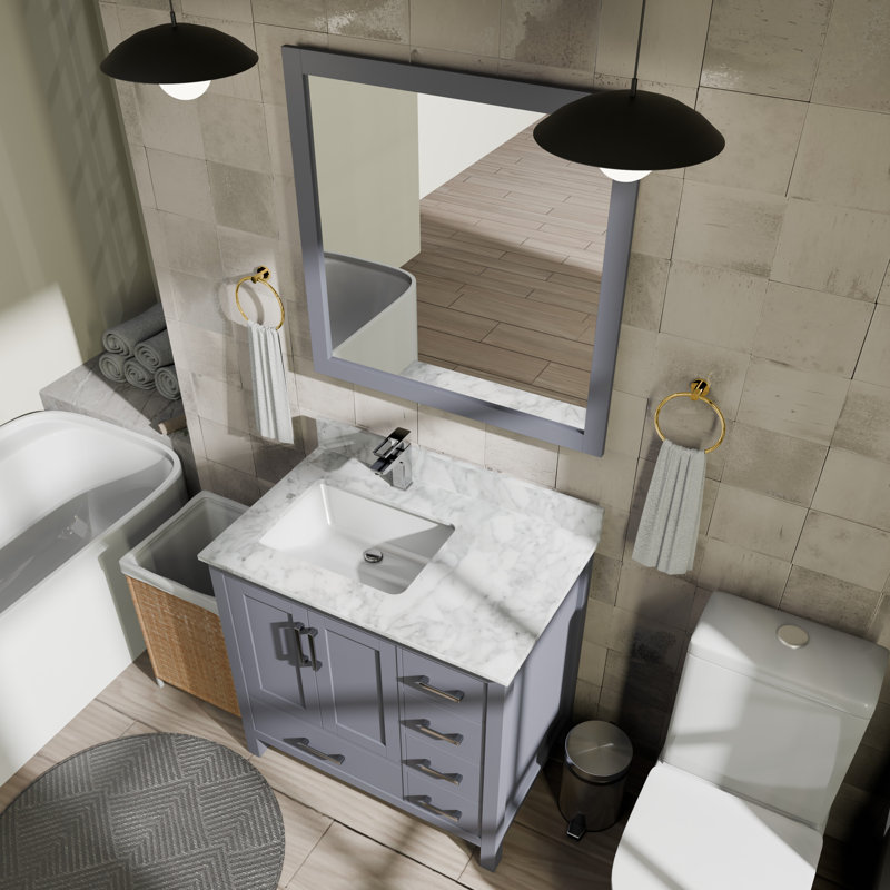 Jacques 36 in. W x 22 in. D Left Offset Bath Vanity, Faucet Set, & 34 in. Mirror, Dark Gray, White Quartz