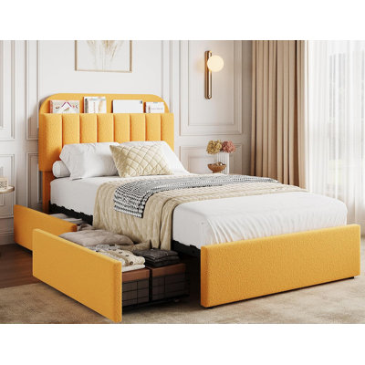 Twin Bed Frame with Storage Headboard and 2 Drawers Kids Upholstered Platform Bed with Bookcase Sturdy Wooden Slats Support No Box Spring Needed Noise Free
