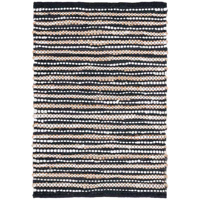 Gerell Vintage Leather Hand Woven Leather/Jute Striped Rug in Ivory/Black, Rectangle 4' x 6'