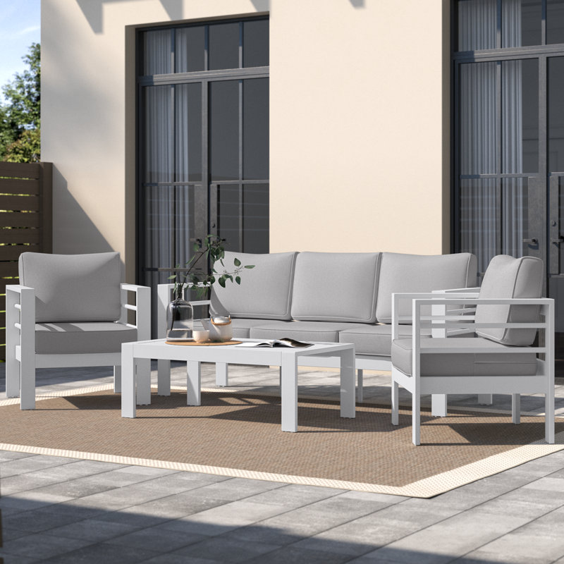 Rolston 5 - Person Outdoor Seating Group with Cushions, Light Gray, White