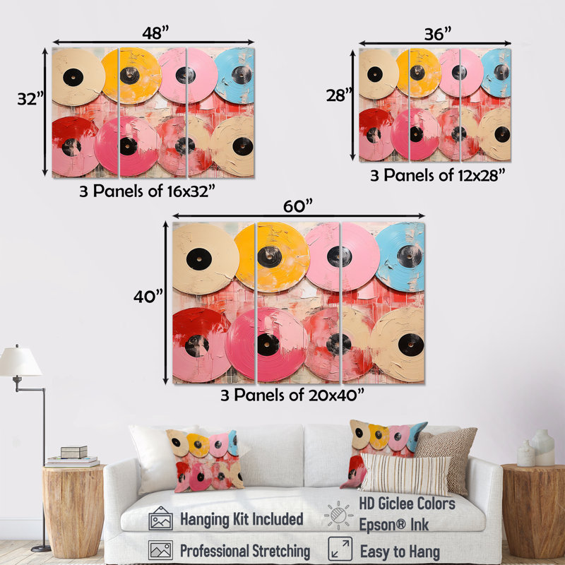 Disque vinyle rose I - Art mural disques vinyle, H 40 po x l 61 po, Toile tendue