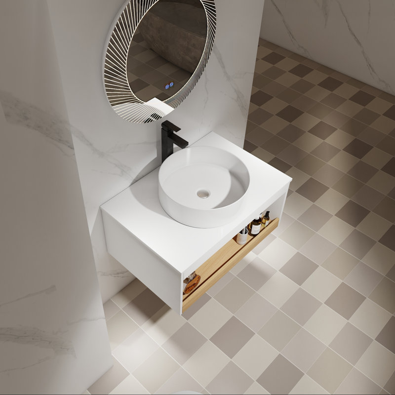 Meuble-lavabo mural de 30 po, lavabo vasque rond, rangement à tablette ouverte, White