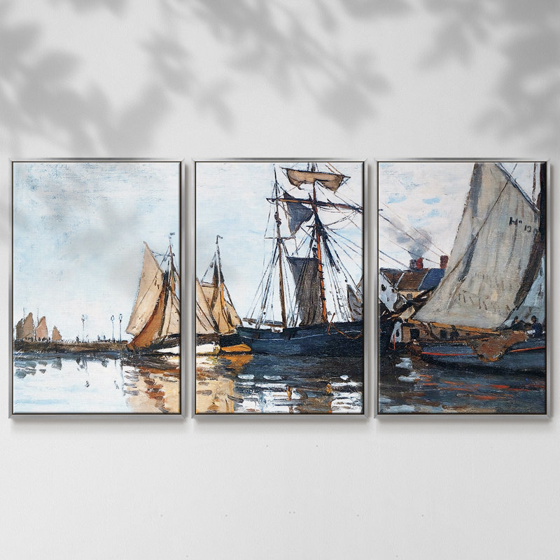 Bateaux dans le port de Honfleur, 1866, reproduction sur toile 3 pièces, H 40 po x l 78 po, Encadrement argenté