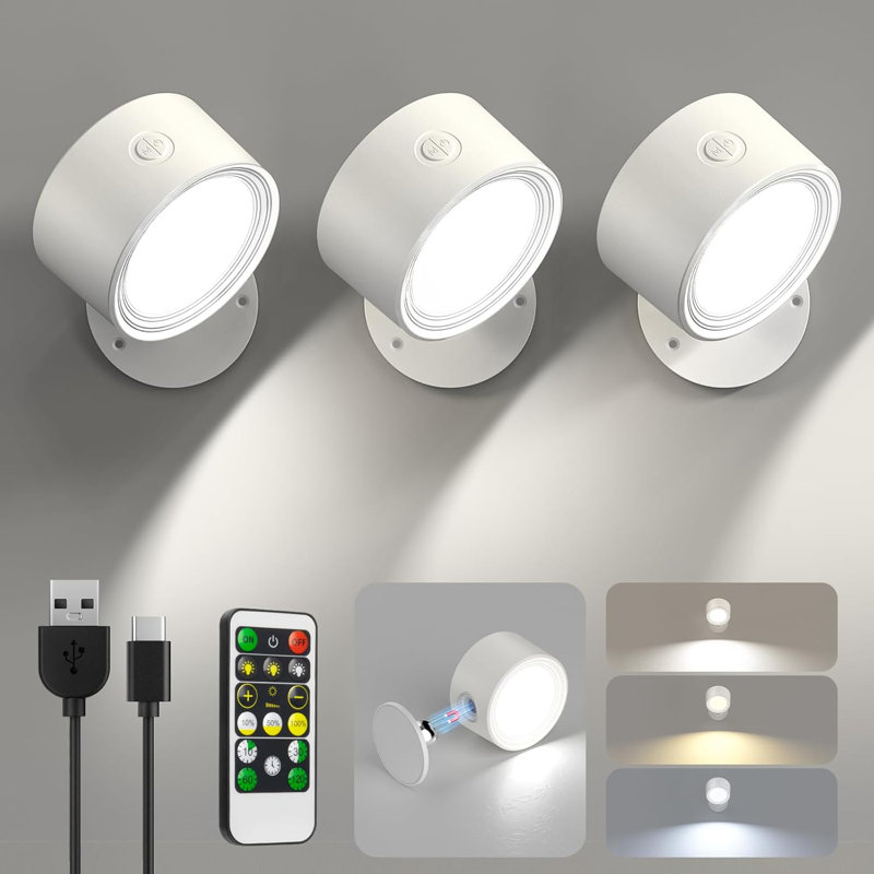  Appliques murales à DEL 3 pièces avec télécommande, lumières murales rechargeables à piles, 3 températures de couleur et lampe murale à intensité variable rotative à 360 ° pour le salon de la chambre à coucher