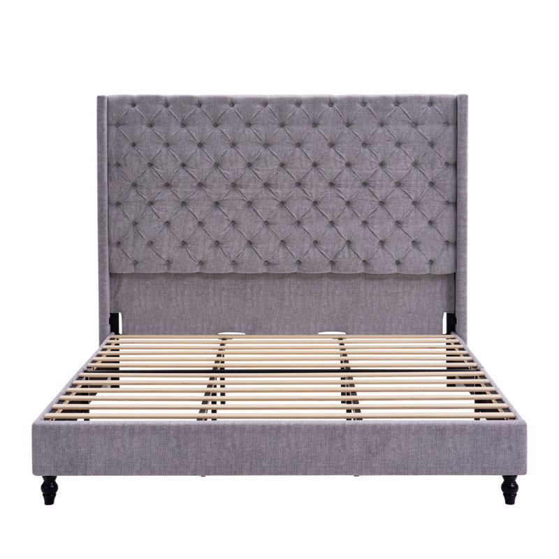 Upholstered Panel Bed with Turned Legs and Textured Linen, Classic Tufted Headboard, No Box Spring Needed, Dark Gray, King