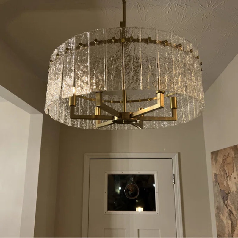 Lustre tambour 6 lumières avec verre texturé Friedhardt, H 10,6 po x l 24 po x P 24 po, Doré