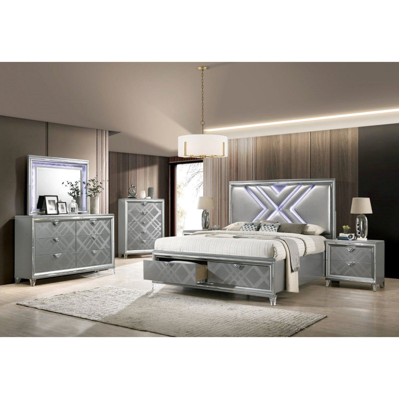 Table de chevet 2 tiroirs en argent avec bordure en miroir - pieds en acrylique, motif artistique, poignées en faux diamant pour chambre à coucher exquise et chargeurs