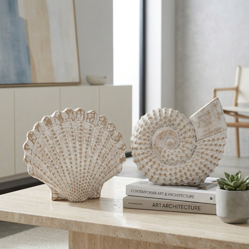 Trish Coastal Shell Polyresin Figurine Set of 2 – Decorative Sculptures for Home Decor, Living Room Tabletop & Shelf Accents - 7",  Distressed White & Beige