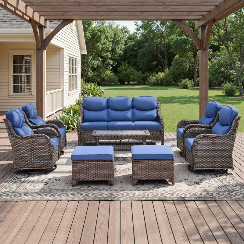 Ensemble de conversation d'extérieur en osier 8 pièces avec chaises pivotantes et table basse 8 pièces, Bleu, Brun