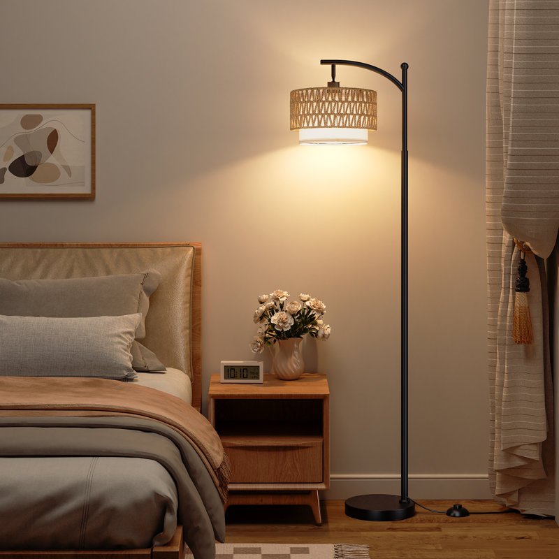 63.5'' Arc Floor Lamp with Remote Control & Stepless Dimming & Rattan Shade