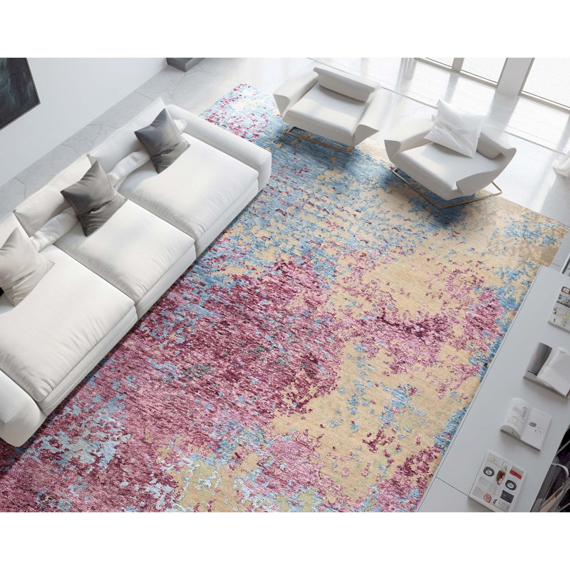 Hand Knotted Abstract Area Rug in Beige/Lilac, Rectangle 10' x 14'