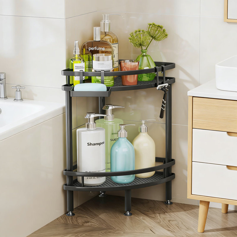 Serviteur de douche en coin - Organisateur de douche antirouille à 2 niveaux avec porte-savon et crochets, tablette de rangement pour salle de bain peu encombrante avec pieds réglables et fixation adhésive