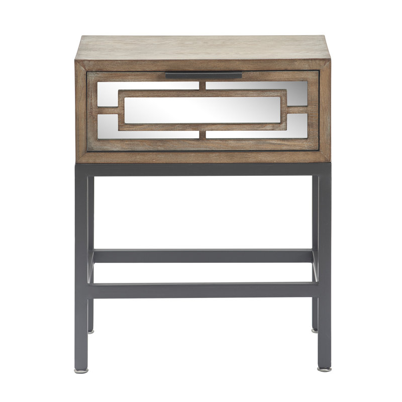 Tommy Hilfiger Hayworth Side Table, Mirrored Storage Drawer with Wood Overlay, Wooden Frame, Metal Base, Ideal for Small Spaces, EndTable, BedsideTable, Nightstand for Living Room or Bedroom, Ash Gray