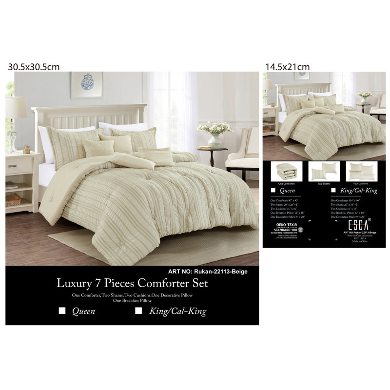 Sateen Comforter, King Comforter + 2 King Shams + 4 Throw Pillows, Beige