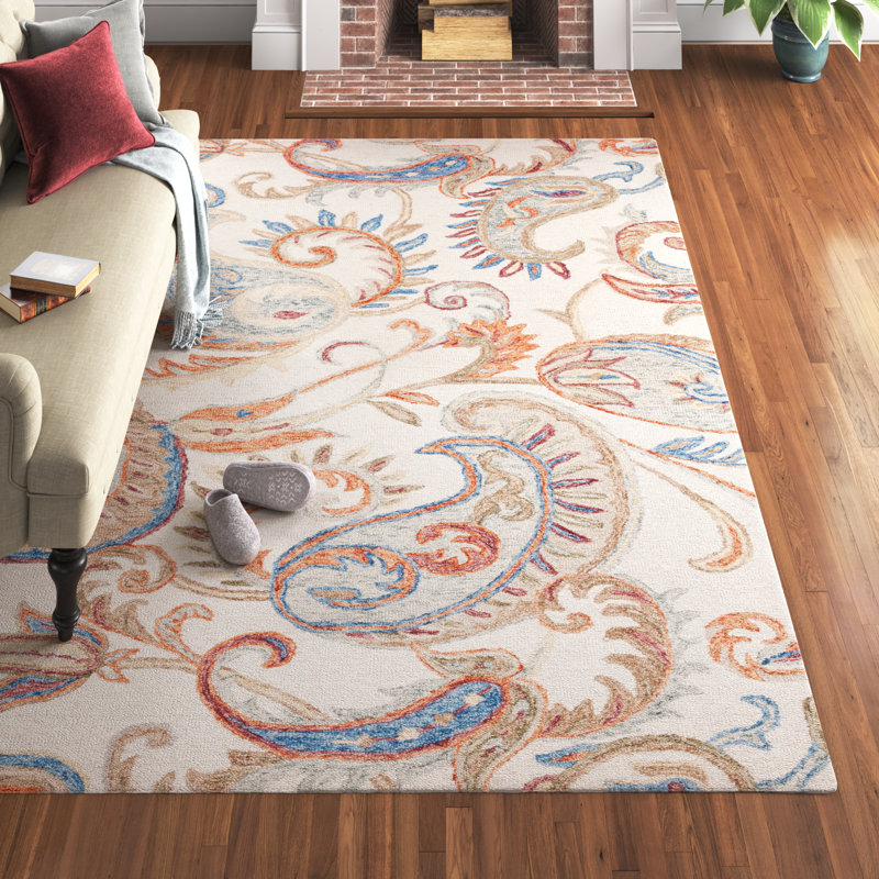 Runner Alben Paisley Handmade Tufted Wool/Cotton Area Rug in Ivory/Rust, Square 6'