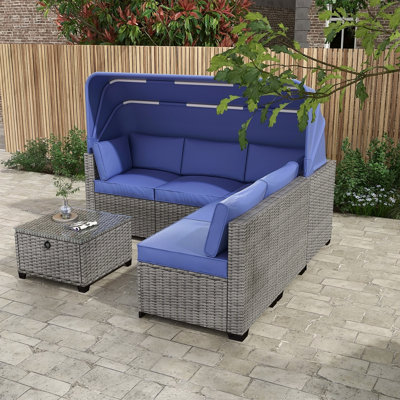 6 Pieces Patio Furniture Sets, Outdoor Rattan Daybed With Retractable Canopy, Outdoor Sectional Sofa Set With Adjustable Backrest, Chaise Chair Sunbed For Garden Poolside Backyard-3