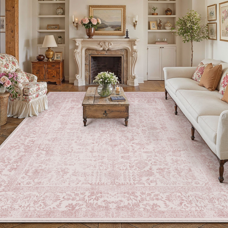 Kitty Machine Washable Vintage Area Rug With Non-Slip Backing, 0.28", Rectangle 8' x 10', Pink