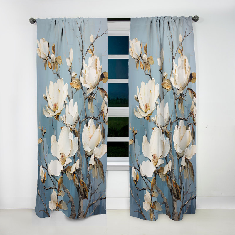 White Elegance In Magnolias III - Magnolias Curtain - Room Darkening Floral Curtain - 1 Panels, 52" W x 63" L