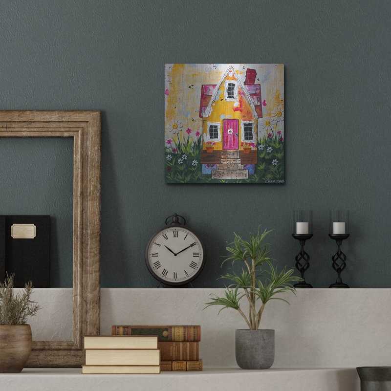 Art mural luxueux en métal «The Yellow Cottage» par Carrie Sharp, 12 po x 12 po, H 12 po x l 12 po