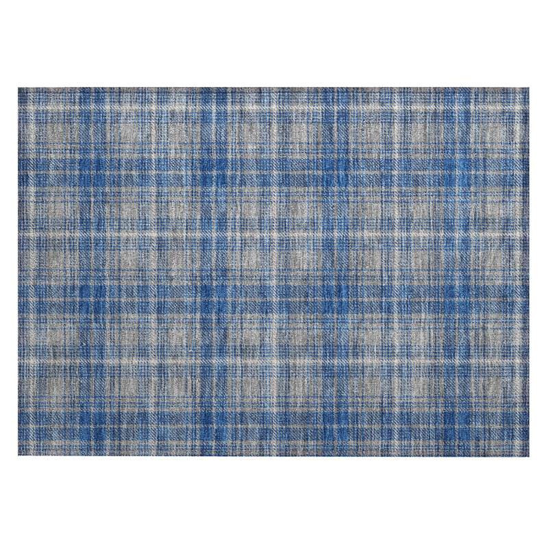 Gray and Blue Plaid Machine Washable Synthetic Rug