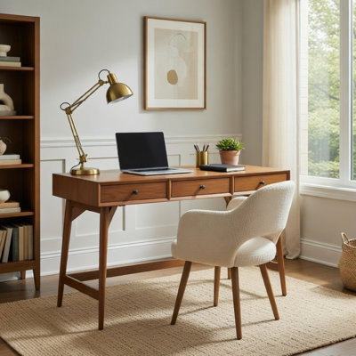 Ian Large Office Desk, 3 Felt Lined Drawers, Chestnut Brown Wood 52 Inch