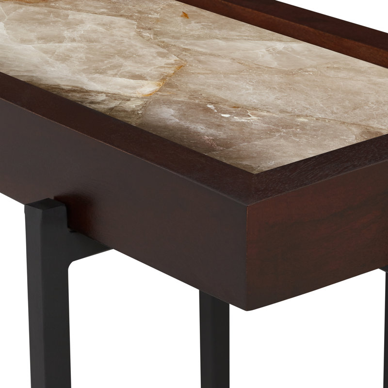 Table d'appoint avec cadre en pierre et base en métal, Plateau fumé foncé / base noire