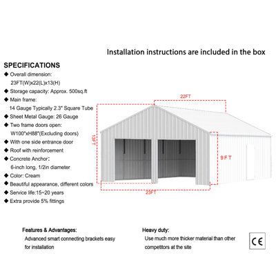 22FT x 23 FT Double Garage Steel Barn Shed – Cream Heavy Duty Metal Garage Storage Shed - The customer must have unloading capabilities