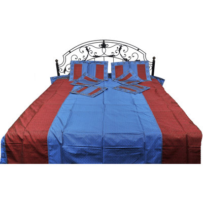 Artisan Tanchoi Weave 7-Piece Art Silk Bedspread Set, Swedish Blue & Red Jacquard