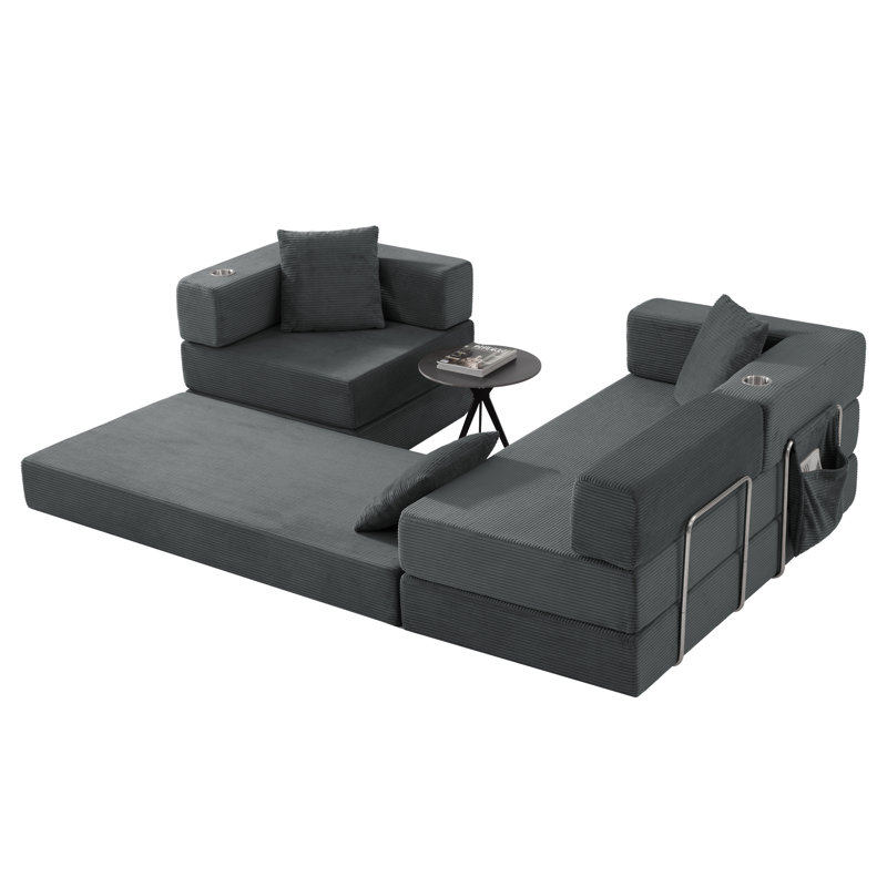 Canapé modulaire de 108 po avec méridienne en L et siège profond, Velours côtelé gris