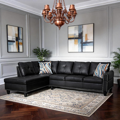 97.5 Inch Sectional Sofa Couch, Modern 4-Seaters Living Room Furniture Sets With Chaise Lounge, 2 Pillows | L Shape Couch | Cup Holder | Linen Fabric, Black