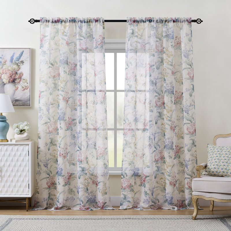 Rideaux transparents avec passe-tringle à imprimé floral moderne et coloré pour le salon de la chambre à coucher, 52"×84"