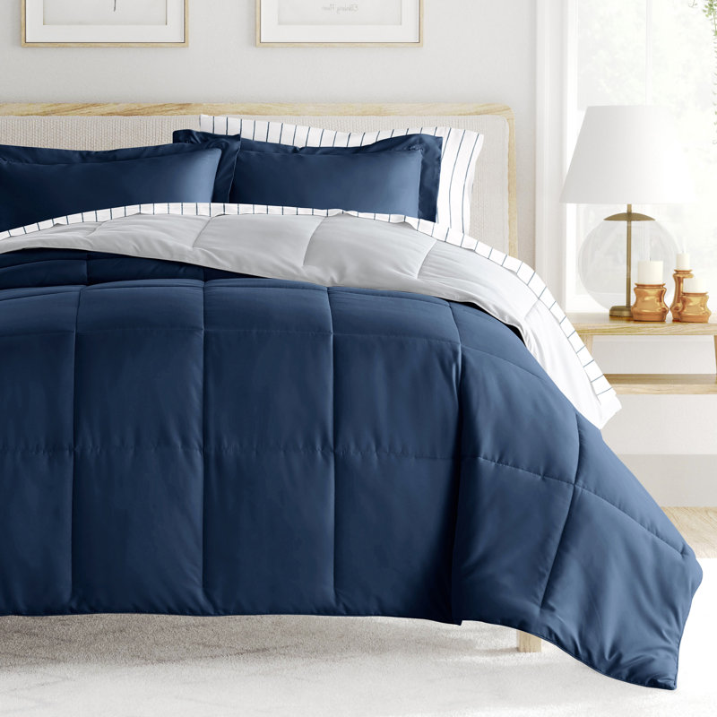 7-Piece Reversible Bedding Bundle - Solid Comforter and Patterned Sheet Set, Navy Striped