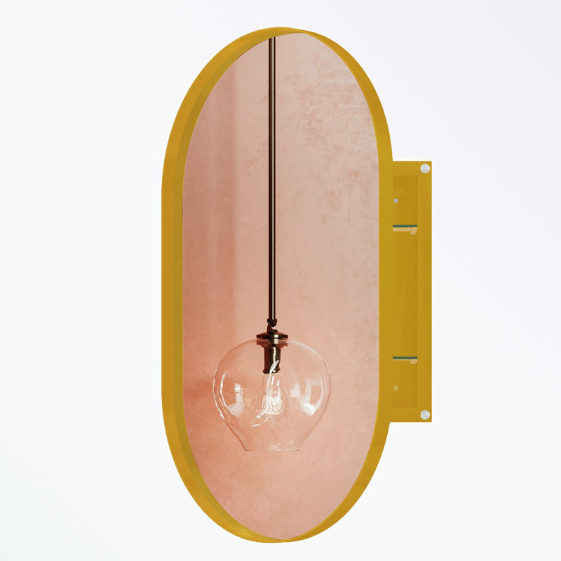 Armoire de salle de bain ovale avec miroir et cadre mural en métal avec tablettes réglables, Or