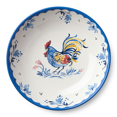 Bol de style français rustique en céramique de style campagnard rustique avec bordure en cobalt 13 x 3 pouces et motif de coq classique, idéal pour les salades, les pâtes, les légumes, les repas de famille, les réceptions