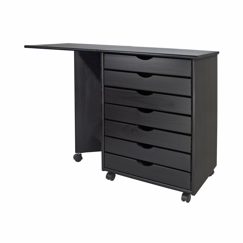 Black Solid Wood 7-Drawer Drop Leaf Roll Cart Desk