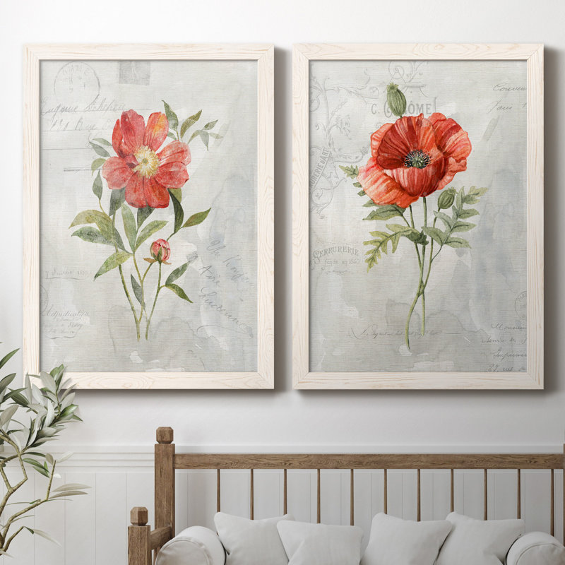 Lin pivoine - ensemble de 2 reproductions d'art, H 31,5 po x l 47 po x P 1,5 po, Toile blanche encadrée, Pas de tapis