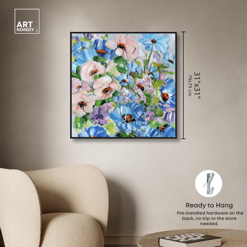 «Summer Feelings», impressions sur toile de couleurs claires par Art Remedy, Cadre noir, H 41 po x l 41 po