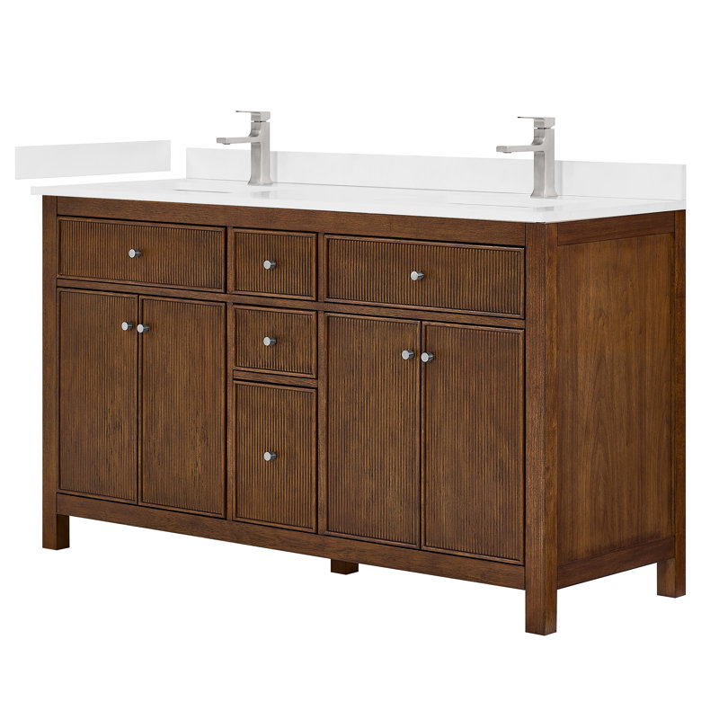 Elan TK 66" Freestanding Double Bathroom Vanity with Cultured Marble Top, White Cultured Marble, Brushed Gold, Dark Walnut