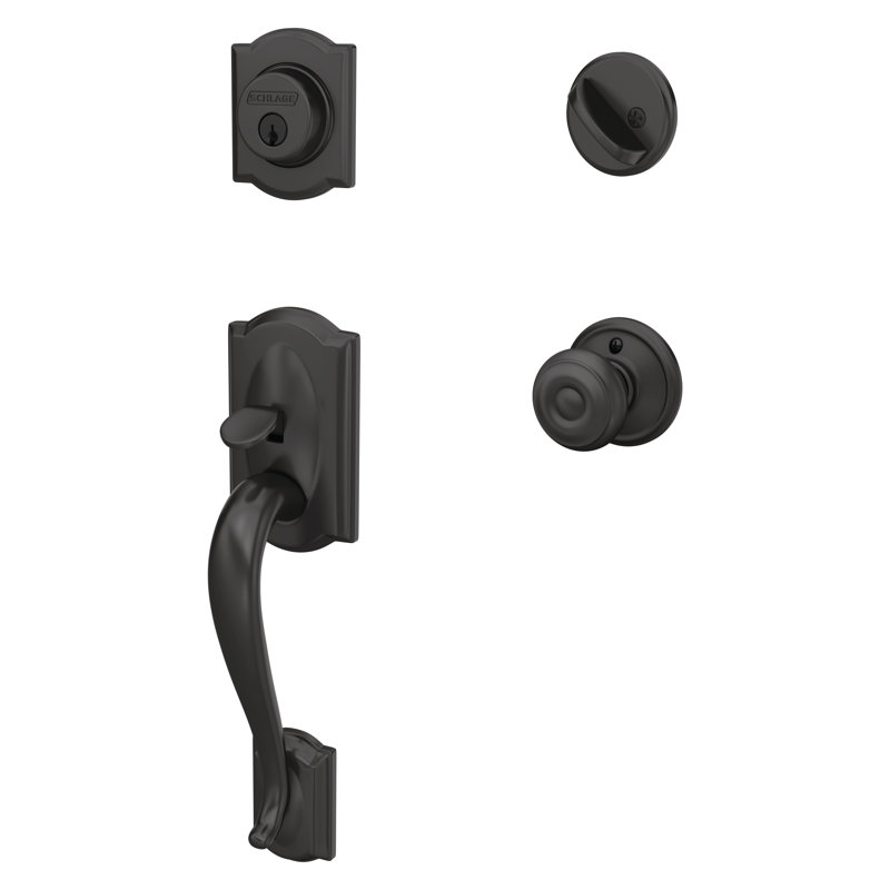 Camelot Handleset with Single Cylinder Deadbolt and Georgian Door Knob and Rosette, Yes, Matte Black, Keyed Different